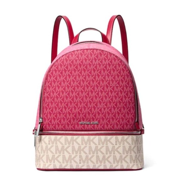 New Michael Kors Rhea Medium Colorblock Signature Logo Backpack Dark Raspberry - Picture 1 of 4